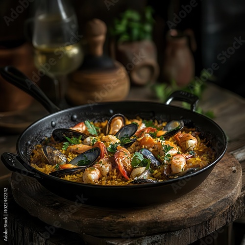 A vibrant, steaming pan of traditional Spanish paella with saffroninfused rice, mixed seafood, and fresh herbs, set on a rustic wooden table in soft daylight photo