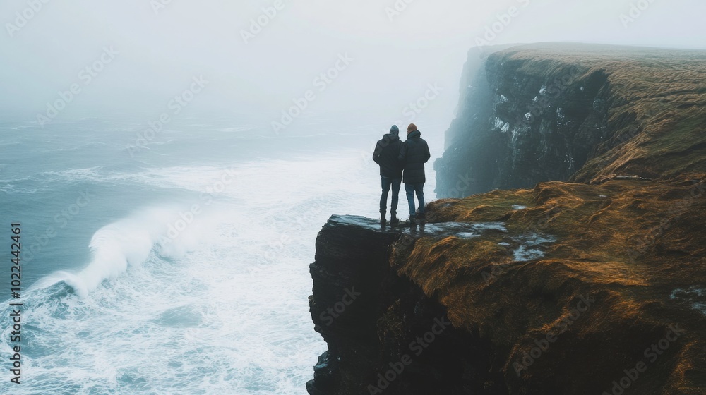 Two Figures Stand on a Cliff Overlooking Stormy Seas Two Figures Stand on a Cliff Overlooking Stormy Seas