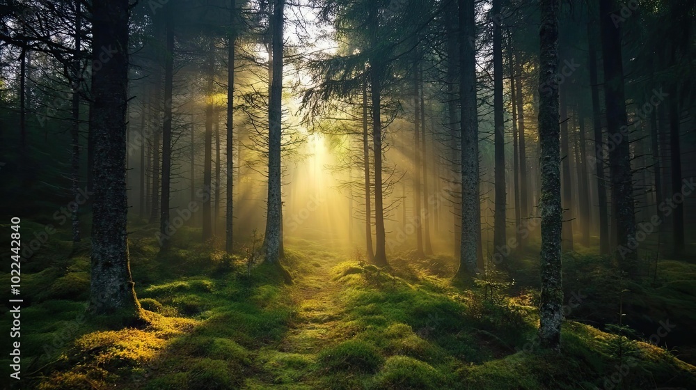 Sunbeams Illuminating a Path Through a Foggy Forest Sunbeams Illuminating a Path Through a Foggy Forest