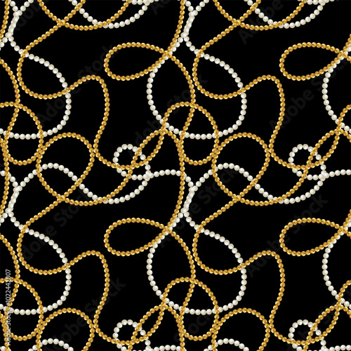 Seamless Baroque print with golden realistic pearls, chains for fabric design. Seamless vector pattern.  Perfect for wallpapers, surface textures, textile.