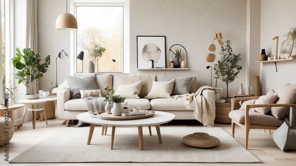 Modern living room with Scandinavian decor, combining cozy textures, neutral tones, and simple furniture for a bright, airy Modern living room with Scandinavian decor, combining cozy textures, neutral tones, and simple furniture for a bright, airy