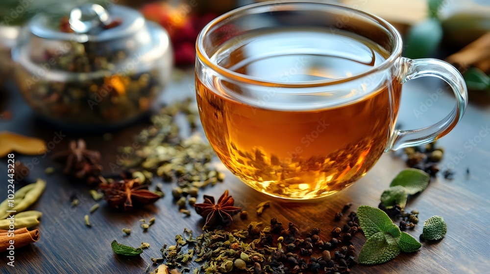 A cup of fragrant and soothing Indian herbal tea with spices A cup of fragrant and soothing Indian herbal tea with spices