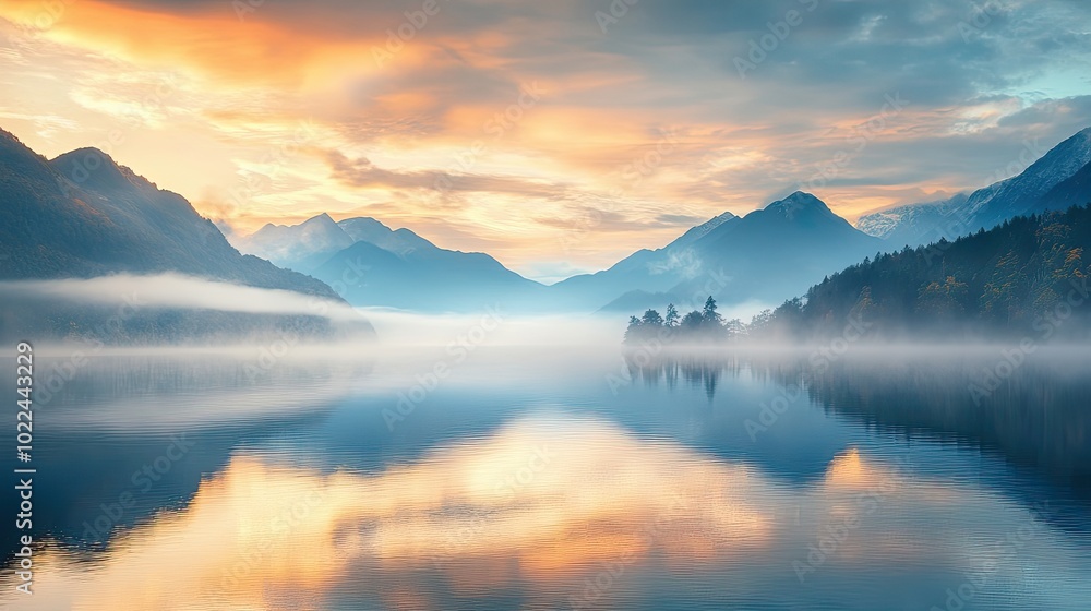 Fototapeta premium Misty Mountain Lake at Sunrise with a Small Island