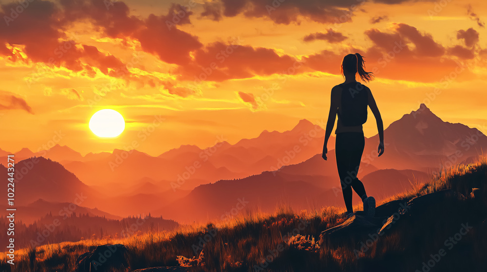 Slim sporty girl walks at sunset in the mountains. Slim sporty girl walks at sunset in the mountains.