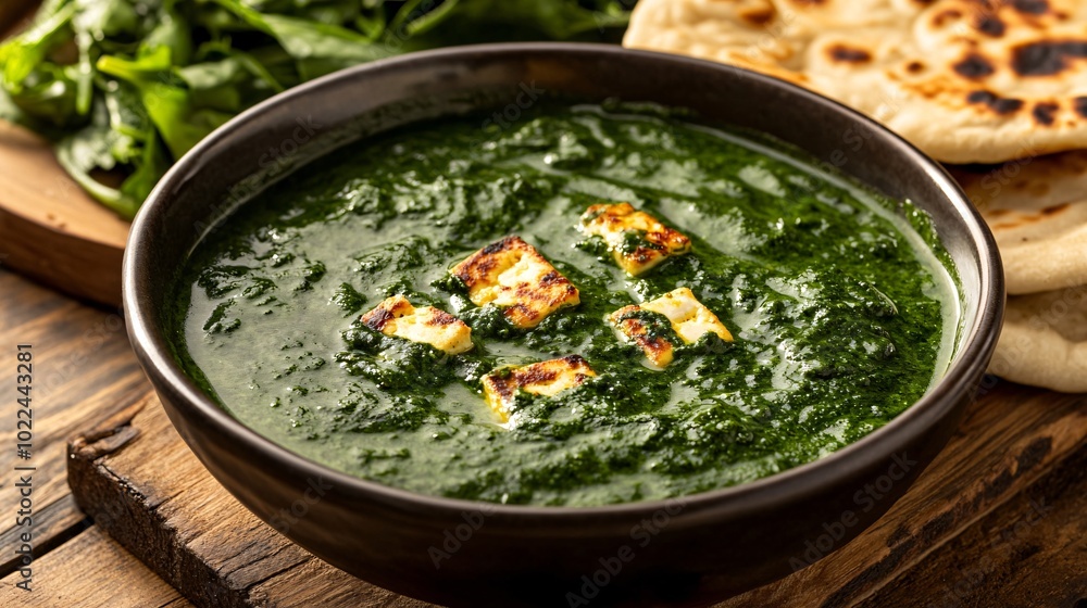 A bowl of comforting and creamy palak paneer with naan bread A bowl of comforting and creamy palak paneer with naan bread