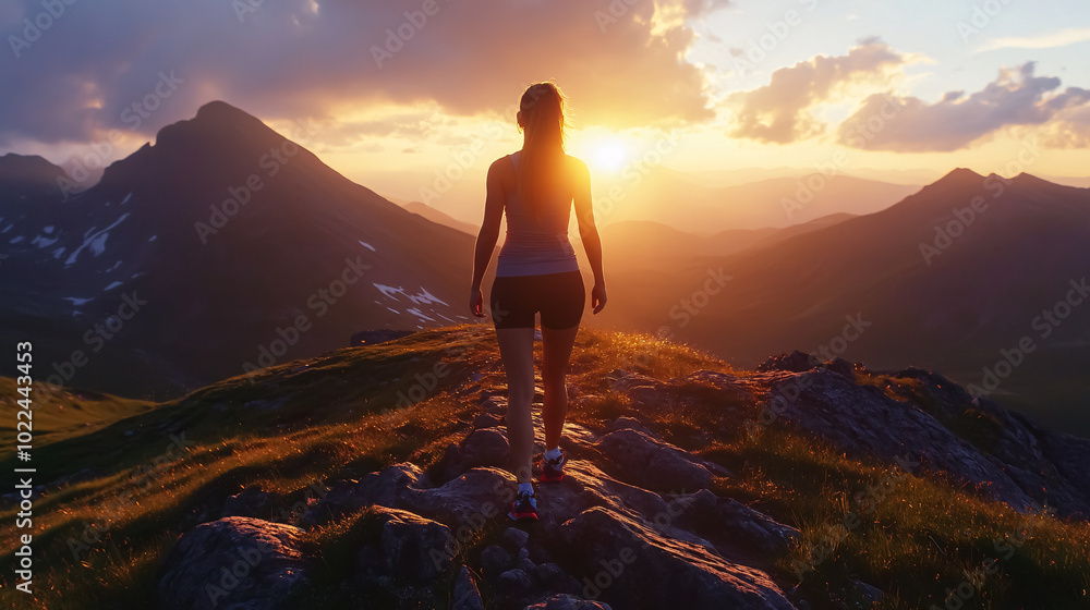 Obraz premium Slim sporty girl walks at sunset in the mountains.