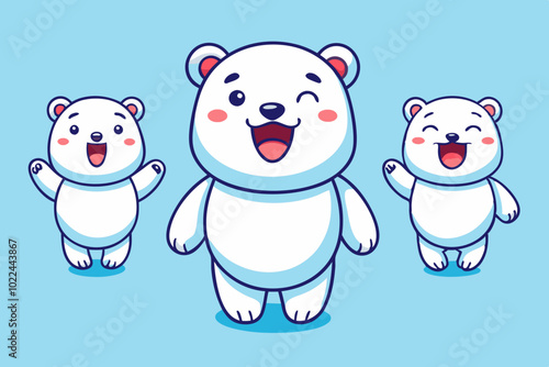 A set of cute white polar bear emoticons, with various expressions and movements such as crying, laughing, rolling their eyes, winking, shaking hands to say hello, doing the Dab dance, hugging their 