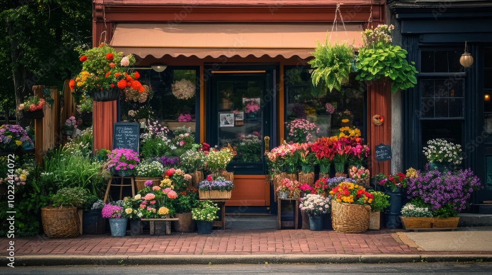 Fototapeta premium A Vibrant Flower Shop Display on a Brick Sidewalk