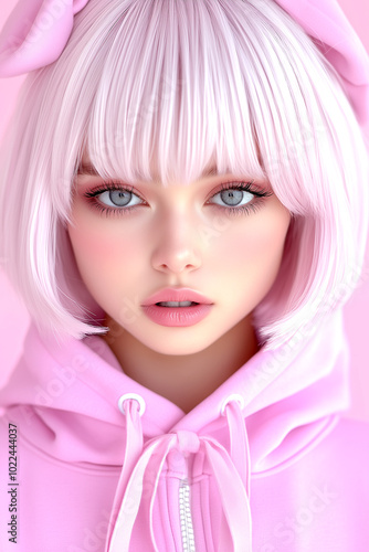 A girl with pink hair and a pink hoodie. She has a pink bow on her head