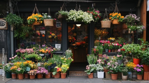 A Colorful Display of Flowers Outside a Flower Shop photo