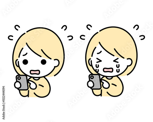 泣きながらスマホを操作するシンプルで可愛い女性のイラスト