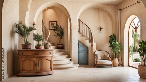 Mediterranean-style entrance hall with a wooden cabinet near a Venetian stucco wall  featuring an arched doorway and staircase.-