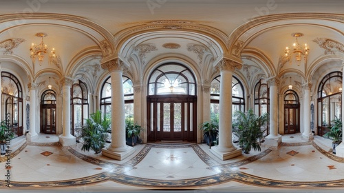 A panoramic 360 scene of a grand European-style entryway  featuring elegant arches  decorative moldings  and all essential facilities for a luxurious experience.