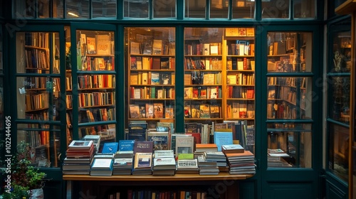 A Bookseller's Window Display With Rows of Books