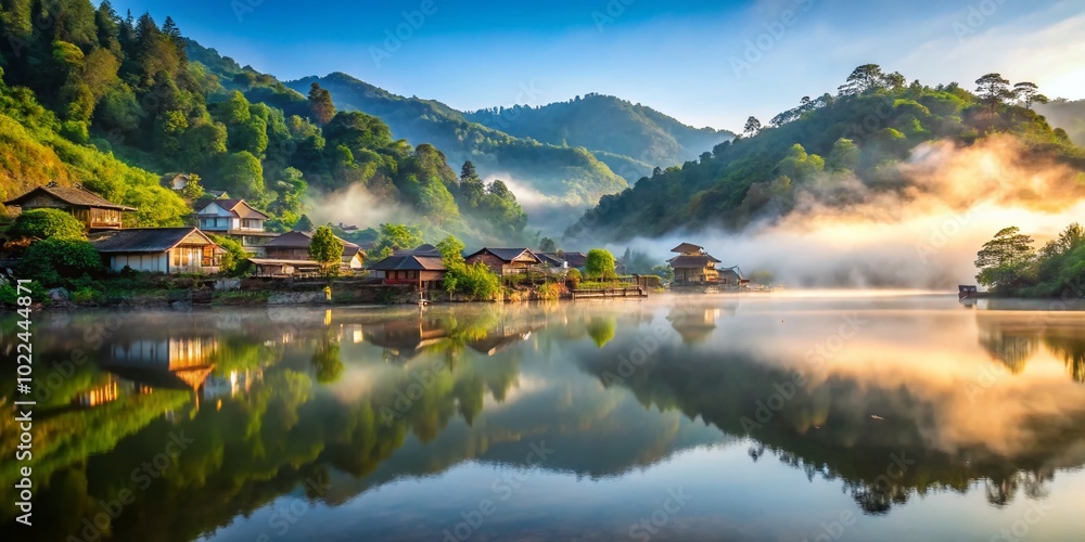 Morning Fog Over Ban Rak Thai Lake in Mae Hong Son, Thailand - Scenic Travel Photography Morning Fog Over Ban Rak Thai Lake in Mae Hong Son, Thailand - Scenic Travel Photography