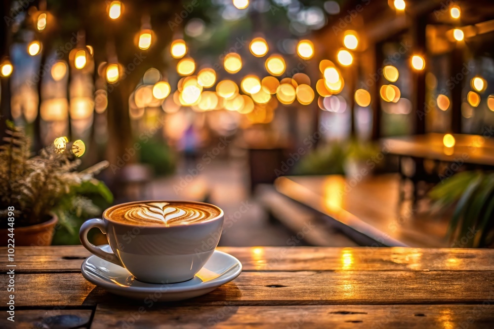 Morning Latte Coffee on Wooden Table - Cozy Cafe Night Photography Morning Latte Coffee on Wooden Table - Cozy Cafe Night Photography