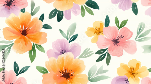 Delicate watercolor flower illustration in soft pastel colors, arranged on a light background with minimalist style, featuring a seamless pattern for holiday and winter themes, elegant and hand-painte