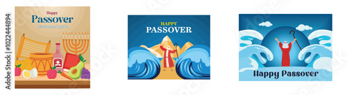 Happy Easter for greeting card fashion commercial banner. Easter from Egypt Happy Easter Hebrew Pesach Jewish Holiday. Israeli male human leader staff trust. Set flat vector modern illustrations