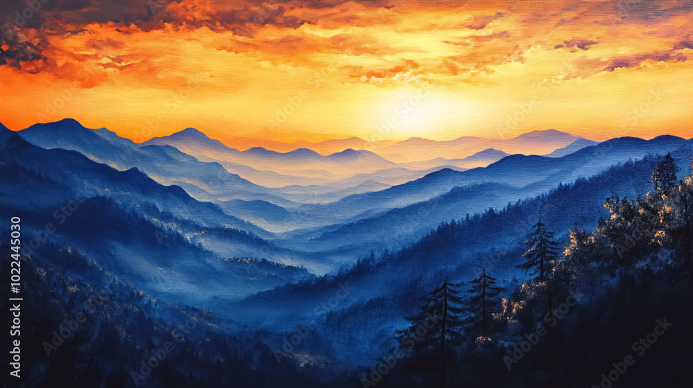 Obraz premium Smoky Mountain Sunset: A dramatic sunset view over the Smoky Mountains, with layers of mist and fog adding depth to the scenic landscape.