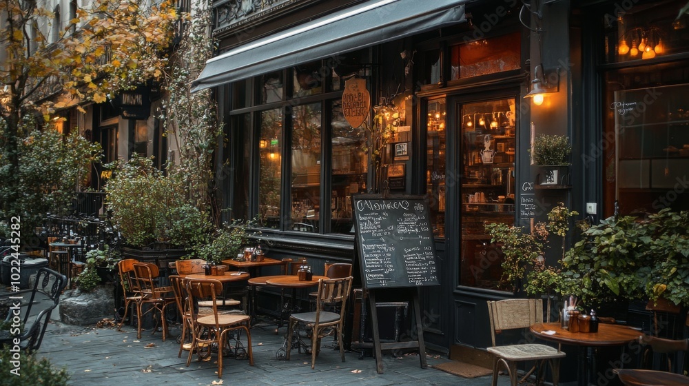 Naklejka premium Cozy Outdoor Cafe Setting with Wooden Tables and Chairs