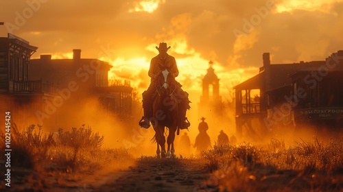 Cowboy riding a horse on a dusty street in old west town silhouetted against sunlight cinematic movie still photo realistic