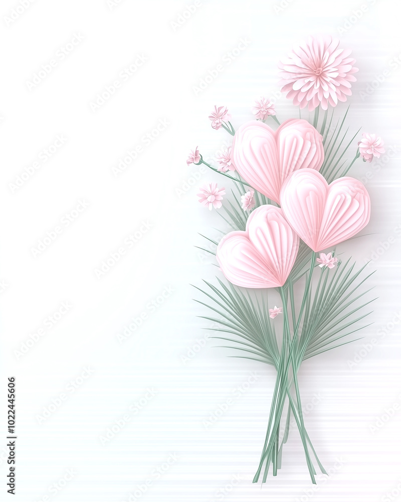 Obraz premium A bouquet of pink flowers with a white background. The flowers are arranged in a way that they look like hearts. Scene is one of love and affection
