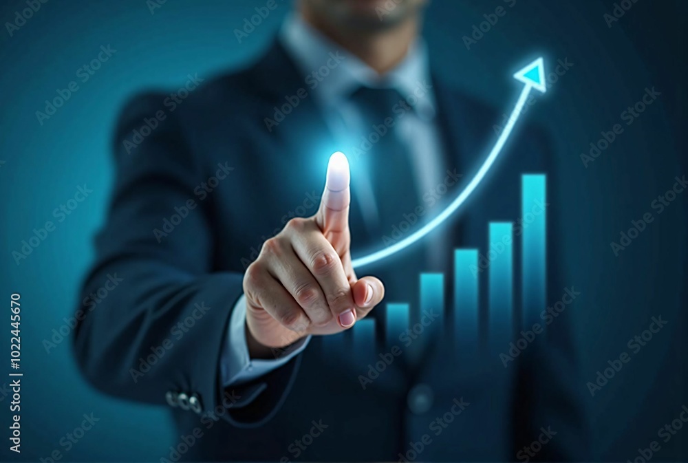 Business Growth and Success Concept: Businessman Pointing at Rising Arrow Graph for Future Development Business Growth and Success Concept: Businessman Pointing at Rising Arrow Graph for Future Development