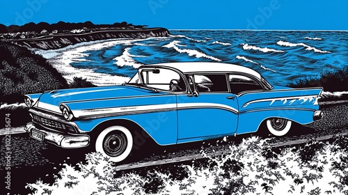 A blue classic car drives along a winding road with the ocean in the background. photo