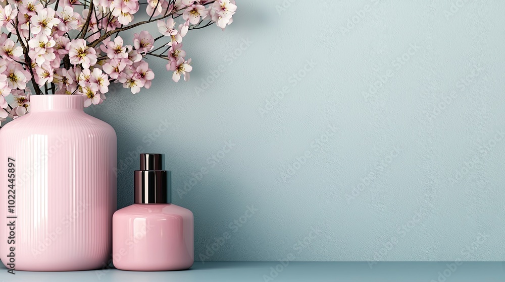 A serene arrangement featuring pink vases and delicate blossoms against a light blue backdrop, creating a calming aesthetic. A serene arrangement featuring pink vases and delicate blossoms against a light blue backdrop, creating a calming aesthetic.