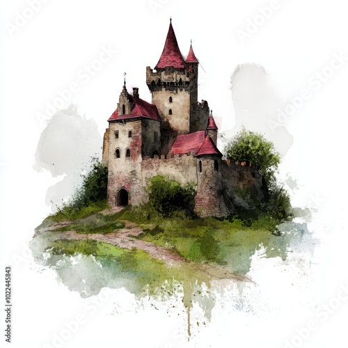Watercolor painting of an invisible castle with shimmering walls, on isolated white background