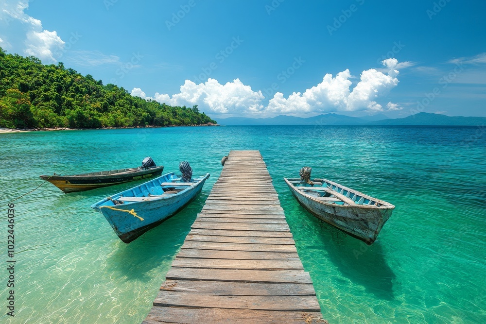 A wooden pier extends into a turquoise sea with three small boats tied up at the end. The water is crystal clear and the sky is blue with white clouds. A wooden pier extends into a turquoise sea with three small boats tied up at the end. The water is crystal clear and the sky is blue with white clouds.