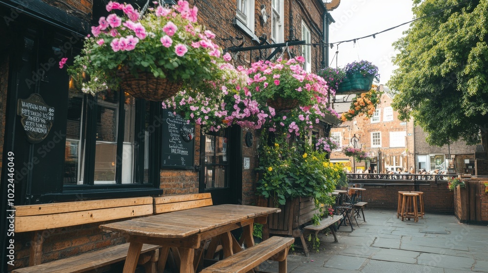 Fototapeta premium Brick Building with Hanging Pink Flowers and Outdoor Seating