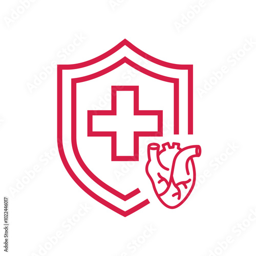Medical shield with heart icon, complete caldiology protection, heart support, thin line symbol. Vector illustration