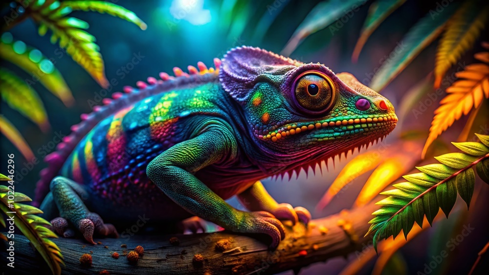 Neon Rainbow Chameleon in Glowing Forest - Urban Exploration Photography Neon Rainbow Chameleon in Glowing Forest - Urban Exploration Photography