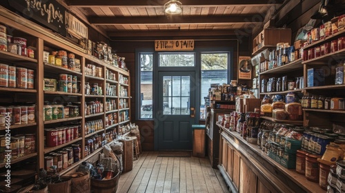 Vintage General Store Interior with Shelves of Canned Goods