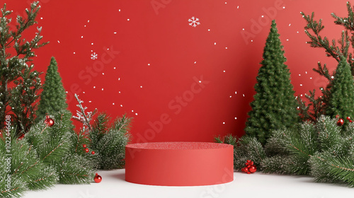 A festive holiday setting featuring a vibrant red pedestal surrounded by white snowflakes and decorative Christmas trees