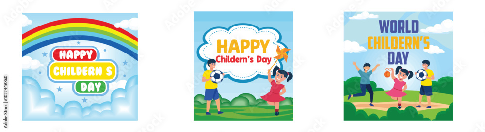 Happy Children's Day. Happy Children's Day with boy and girl playing with toys on background. Happy International Children's Day design. Set flat vector modern illustration Happy Children's Day. Happy Children's Day with boy and girl playing with toys on background. Happy International Children's Day design. Set flat vector modern illustration