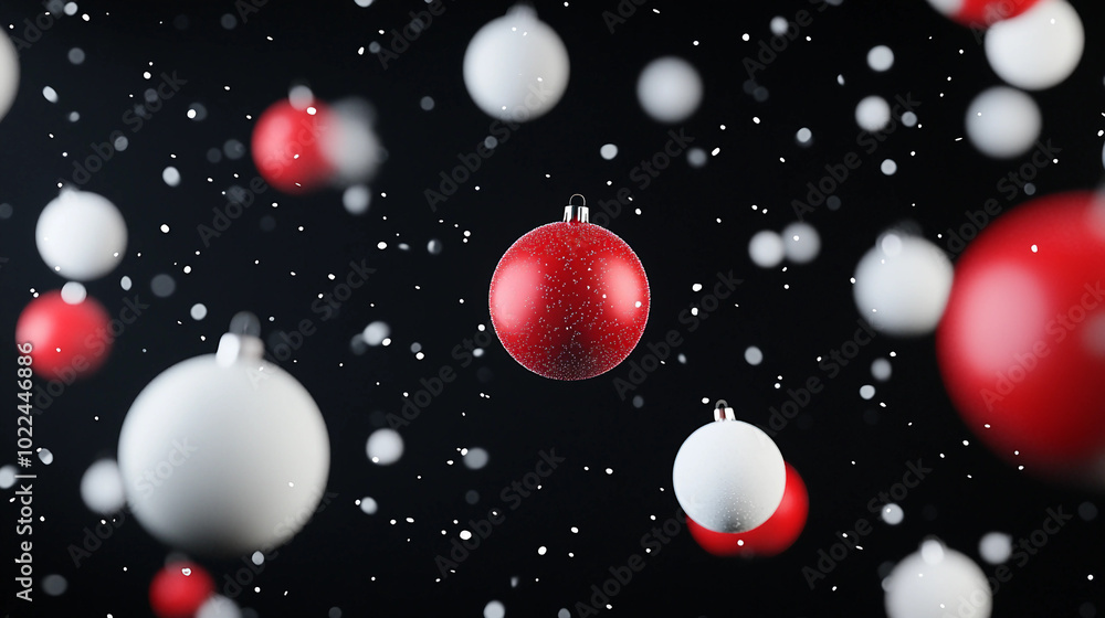 A festive collection of red and white Christmas ornaments surrounded by gentle falling snowflakes A festive collection of red and white Christmas ornaments surrounded by gentle falling snowflakes