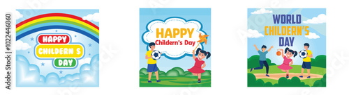 Happy Children's Day. Happy Children's Day with boy and girl playing with toys on background. Happy International Children's Day design. Set flat vector modern illustration