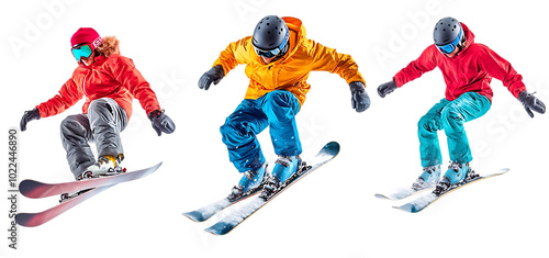 three set of ski snowboarding isolated transparent background photo