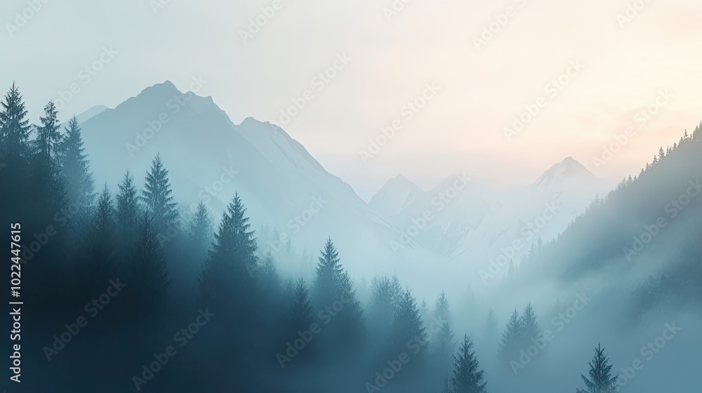 Misty Mountain Range with Silhouetted Pine Trees Misty Mountain Range with Silhouetted Pine Trees