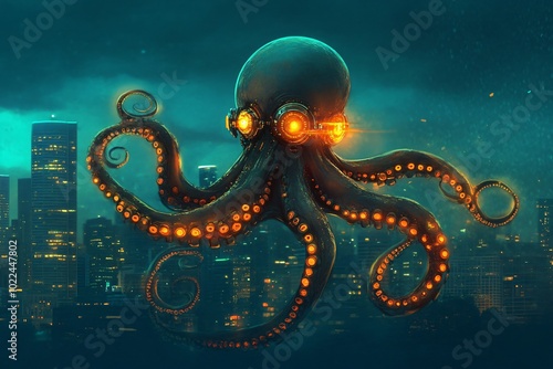 Cybernetic Octopus Exploring a Futuristic Underwater City photo