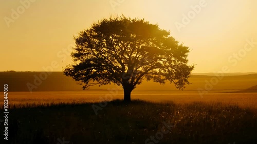 Camera fly around a lone tree in a field, 360-degree video with hard, back light at sunset