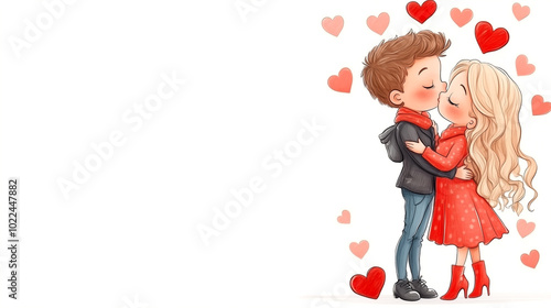 A couple of cartoon characters kissing each other with hearts surrounding them. The image is a cute and romantic scene