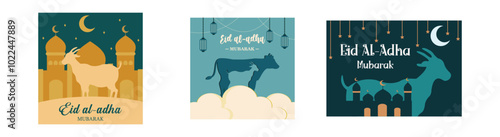 Eid Al-Fitr Mubarak. Eid Al Adha Mubarak celebration banner with moon and cow. Silhouette image of mosque and goat with glowing lantern for Eid Al Adha Mubarak. Set flat vector modern illustration