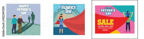 International Happy Father's Day. Dad in superhero costume holds son on his shoulders. Sale Banner Design with 35% Discount Offer Happy Father and Son. Set flat vector modern illustration
