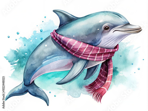 playful dolphin wearing stylish scarf swims gracefully through vibrant underwater scene, showcasing its joyful spirit and charm photo