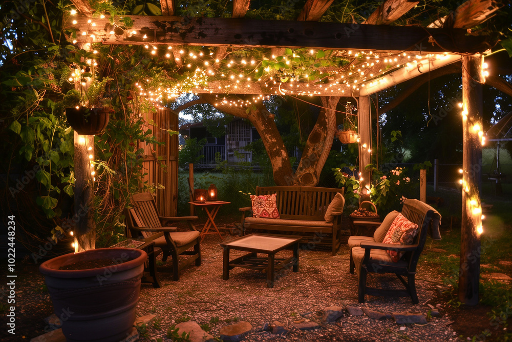 Rustic outdoor patio with cozy seating and fairy lights for ambiance. interior design 