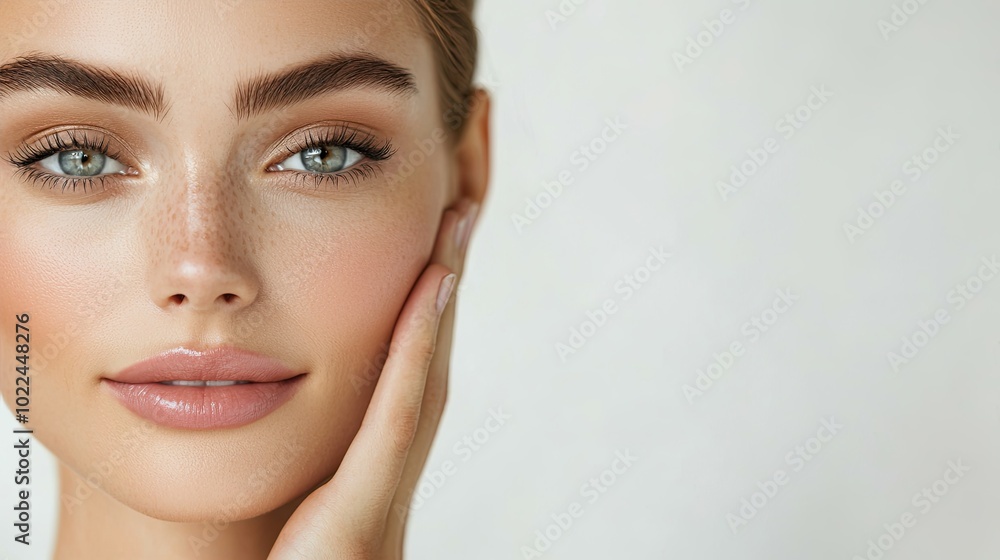 A close-up portrait of a woman with clear skin, full eyebrows, and a natural makeup look, showcasing beauty and confidence against a soft background. A close-up portrait of a woman with clear skin, full eyebrows, and a natural makeup look, showcasing beauty and confidence against a soft background.