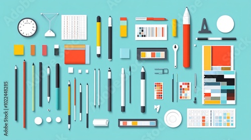 A flat lay of various art and design supplies on a blue background.
